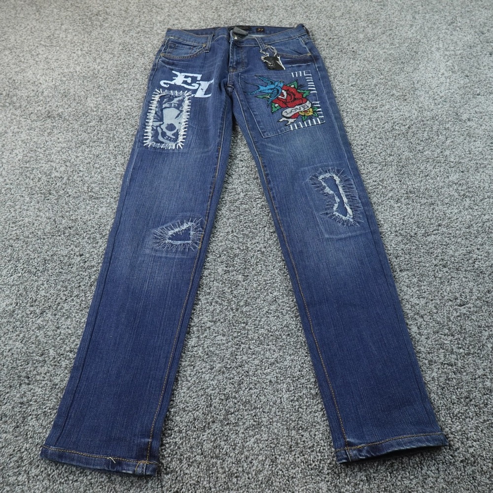 VTG NEW Ed Hardy Jeans Womens 27 Blue Denim Pants Rhinestone Bling Tattoo Y2K